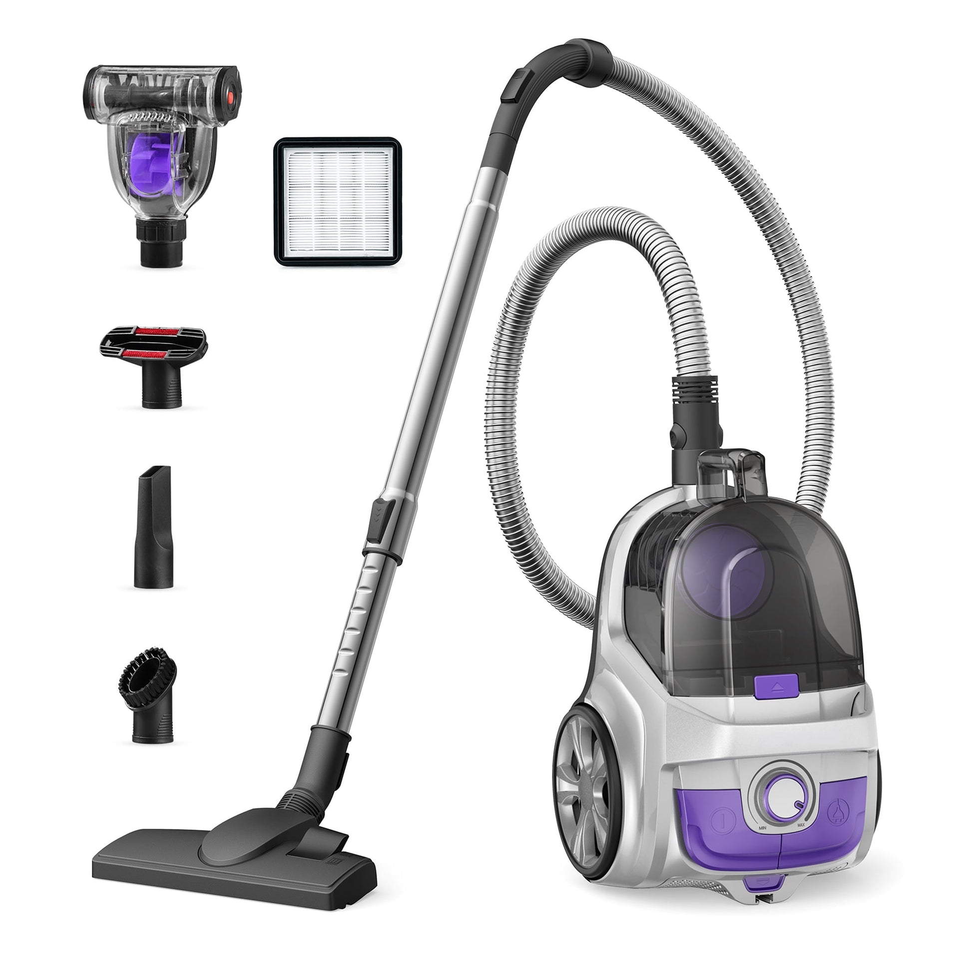 Vacuum Cleaner, 1200W 3.6 QT Bagless Canister Vacuum, Turbo Brush, Double HEPA Filter, Silver Purple
